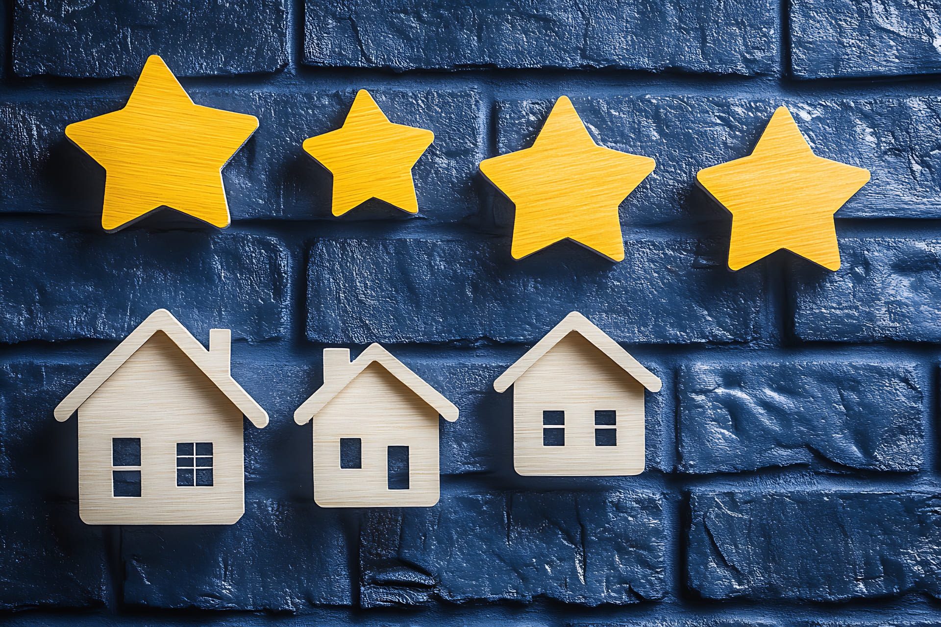 Tři dřevěné modely rodinných domů na modrém cihlovém podkladu. Nad domy jsou čtyři žluté hvězdičky znázorňující kvalitu recenze.